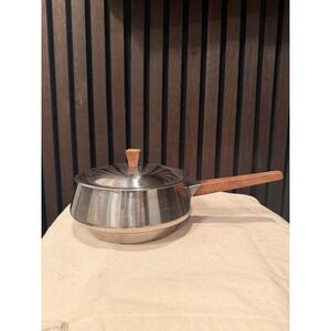 Vintage MCM Scandinavian Metal Pot w Wood Handle & Matching Lid